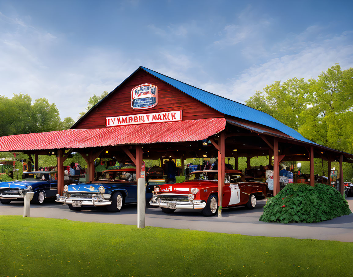 Rustic building with "Mabry Market" sign, classic cars, blue roof, green