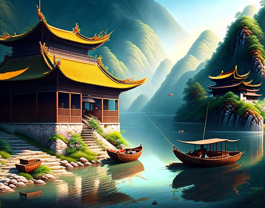 Asian-style Pagoda Buildings by Calm River & Mountains