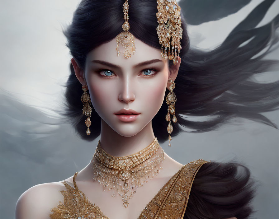 Portrait of a woman with blue eyes, gold jewelry, and dark hair on grey background