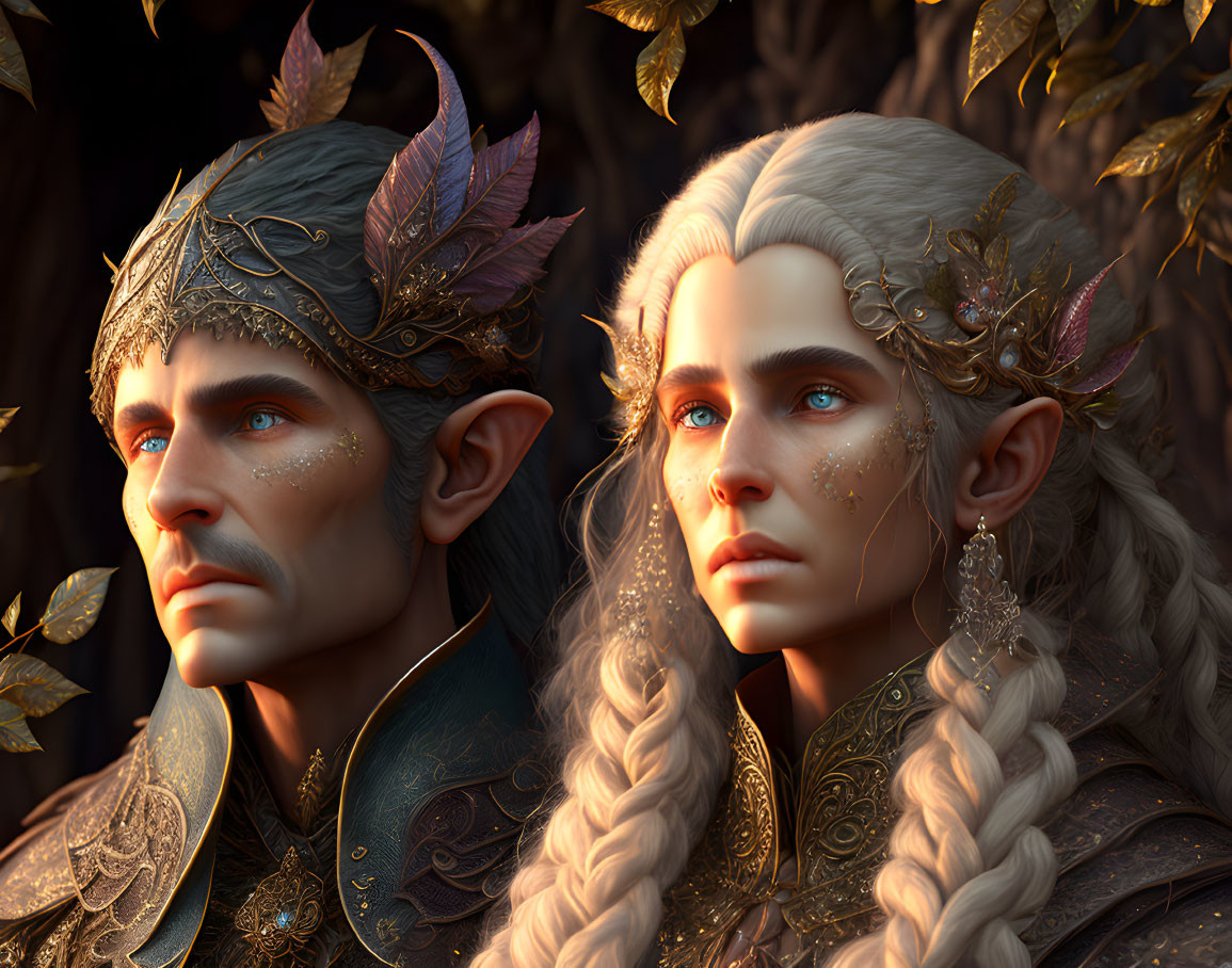 Elves with golden crowns and autumn leaves in forest setting