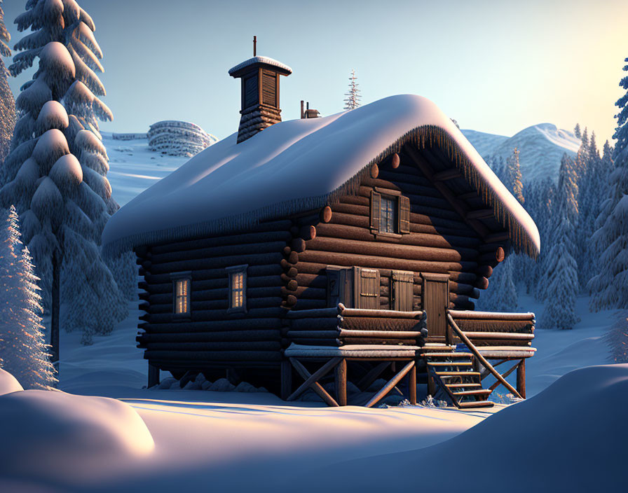 Snow-covered log cabin in serene winter landscape at dusk