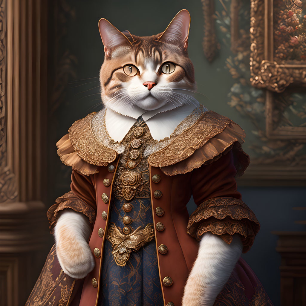 Striking-eyed cat in 17th-century attire against classic painting backdrop