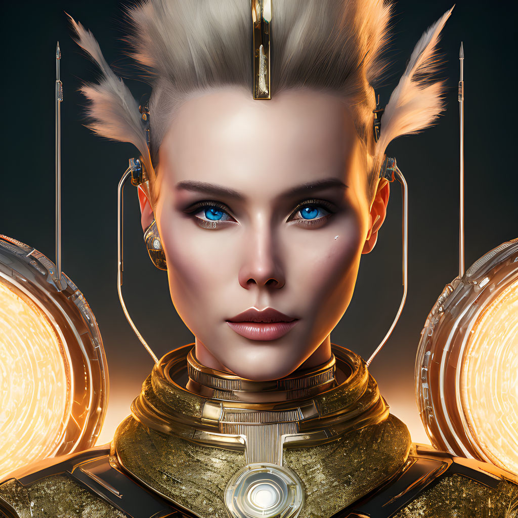 Futuristic female figure with blue eyes in metallic adornments against glowing circles