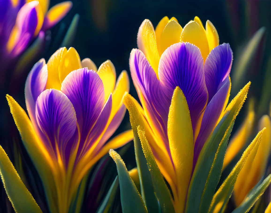 Bright Purple and Yellow Crocus Flowers with Dewdrops in Soft Morning Light