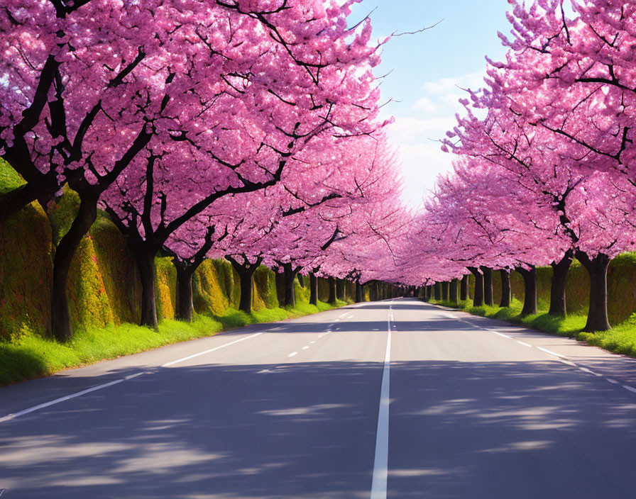 Scenic road with pink cherry blossom trees under blue sky