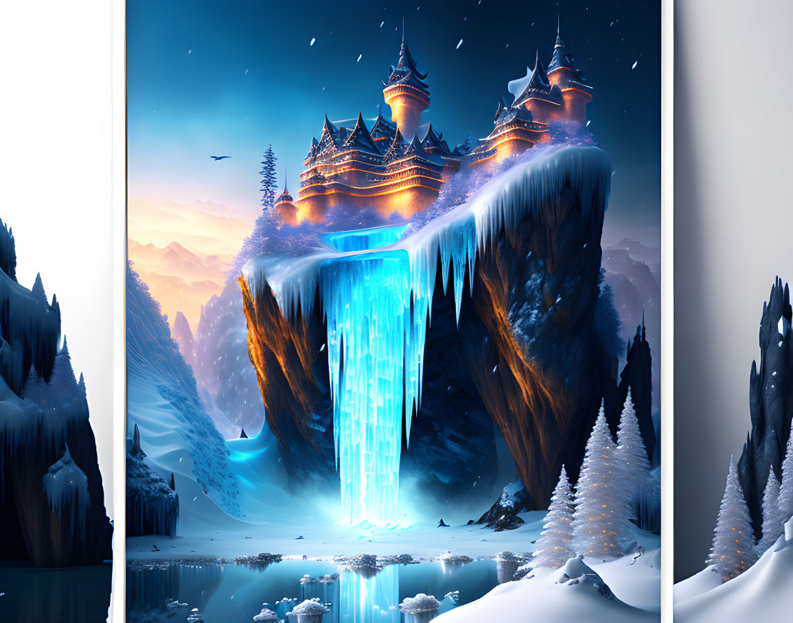 Enchanted castle with glowing turrets on cliff by icy waterfall