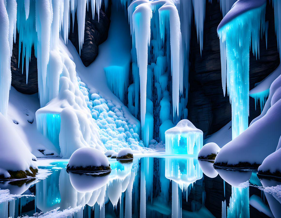 Glowing blue ice cave with icicles and snow-covered rocks