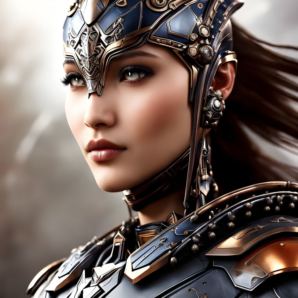 Digital Artwork: Woman in Ornate Armor with Detailed Helmet