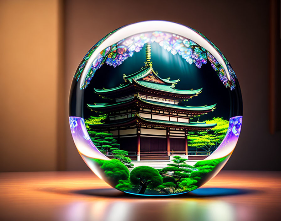 Crystal ball on wooden surface reflecting inverted image of traditional pagoda surrounded by trees under warm soft light.