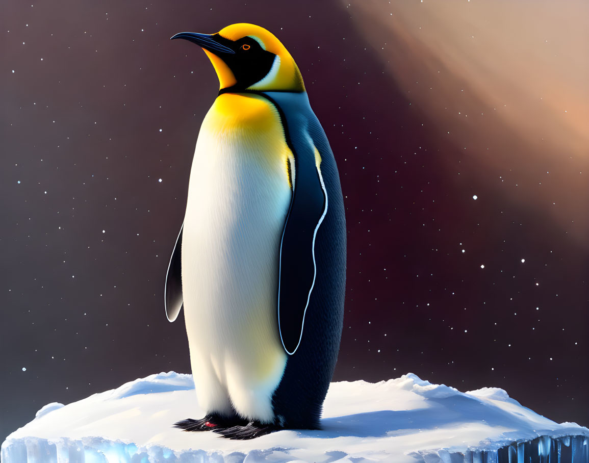 King Penguin on Icy Surface with Cosmic Background