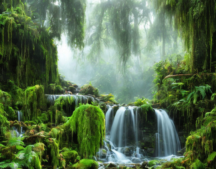 Misty forest with lush green moss, gentle waterfall