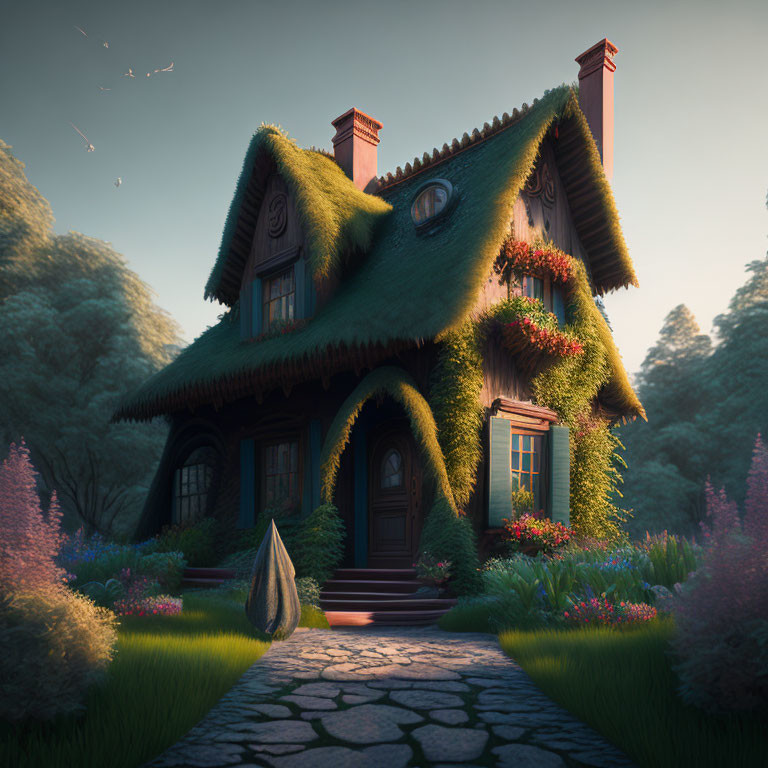 Thatched Roof Cottage in Lush Garden at Twilight