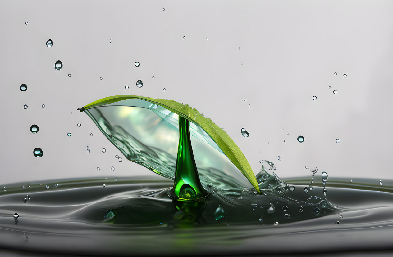 Water Droplet Collision Creates Green Liquid Splash on Gray Background