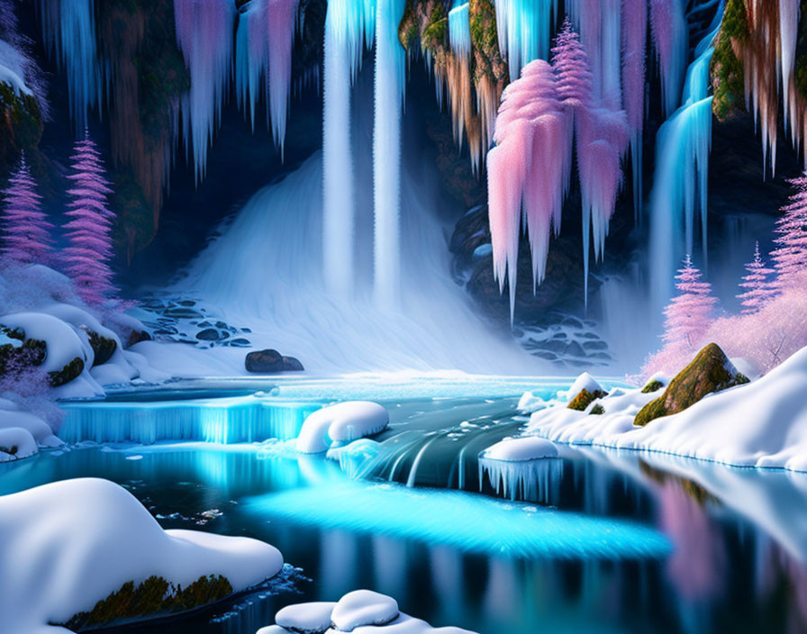 Fantasy landscape with blue river, ice-covered rocks, pink foliage, and icicles