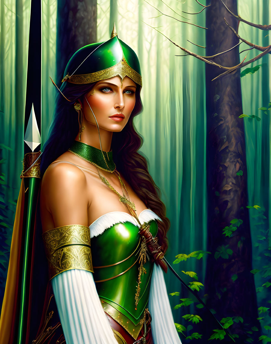 Female elf in green diadem and armor holding spear in mystical forest