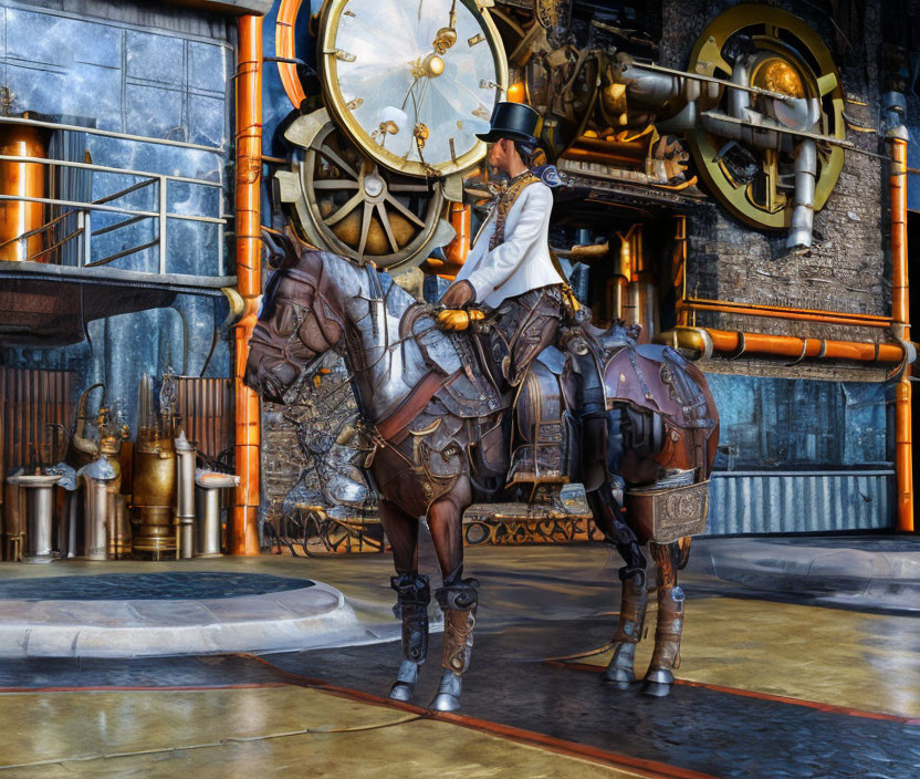 Victorian-era person on steampunk horse near cogwheel clock