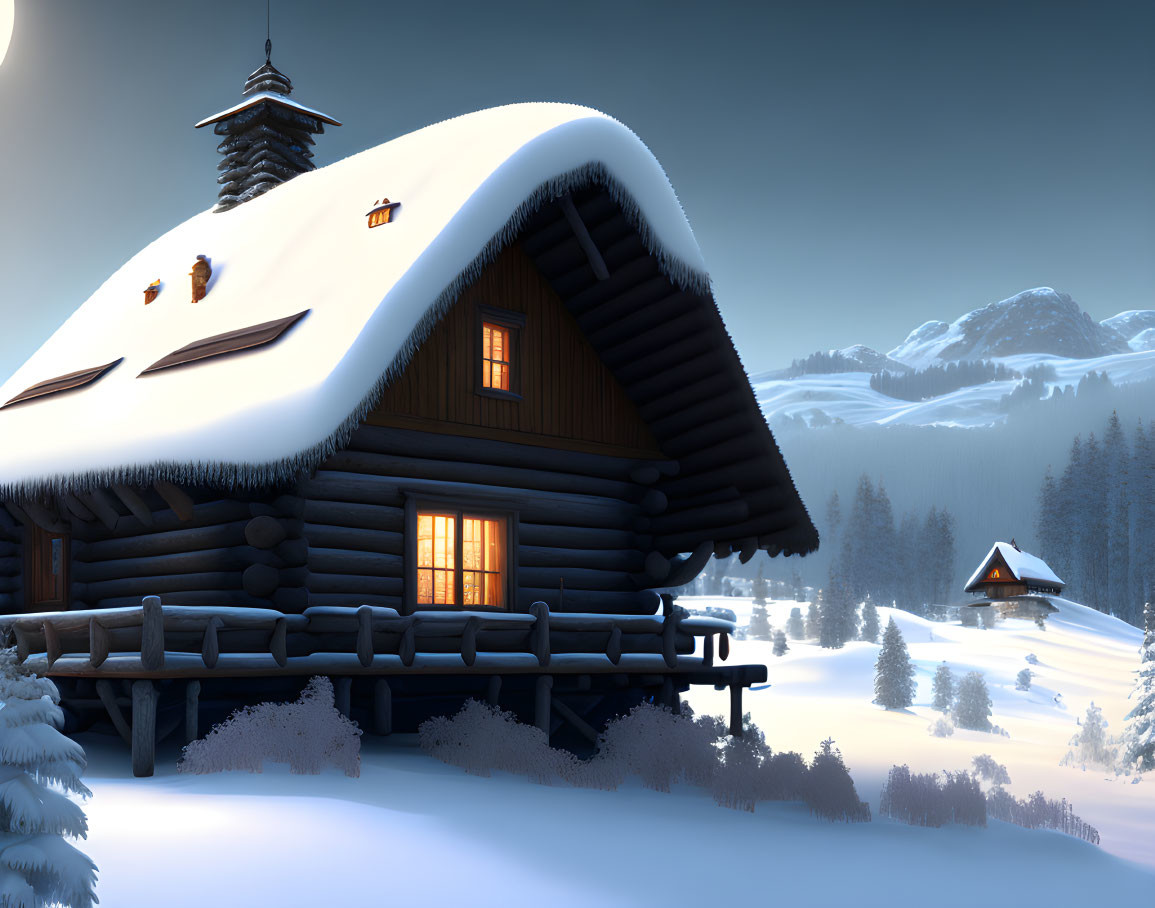 Snowy Dusk Scene: Cozy Log Cabin with Illuminated Windows