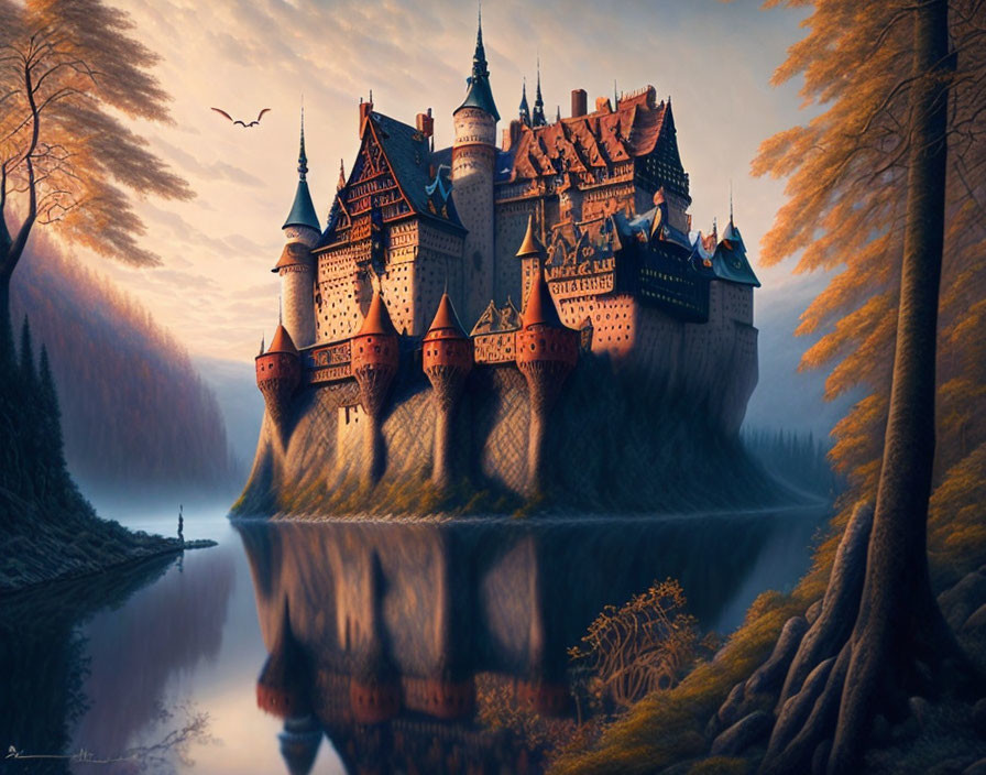 Enchanting castle with spires reflected on tranquil lake in golden forest.