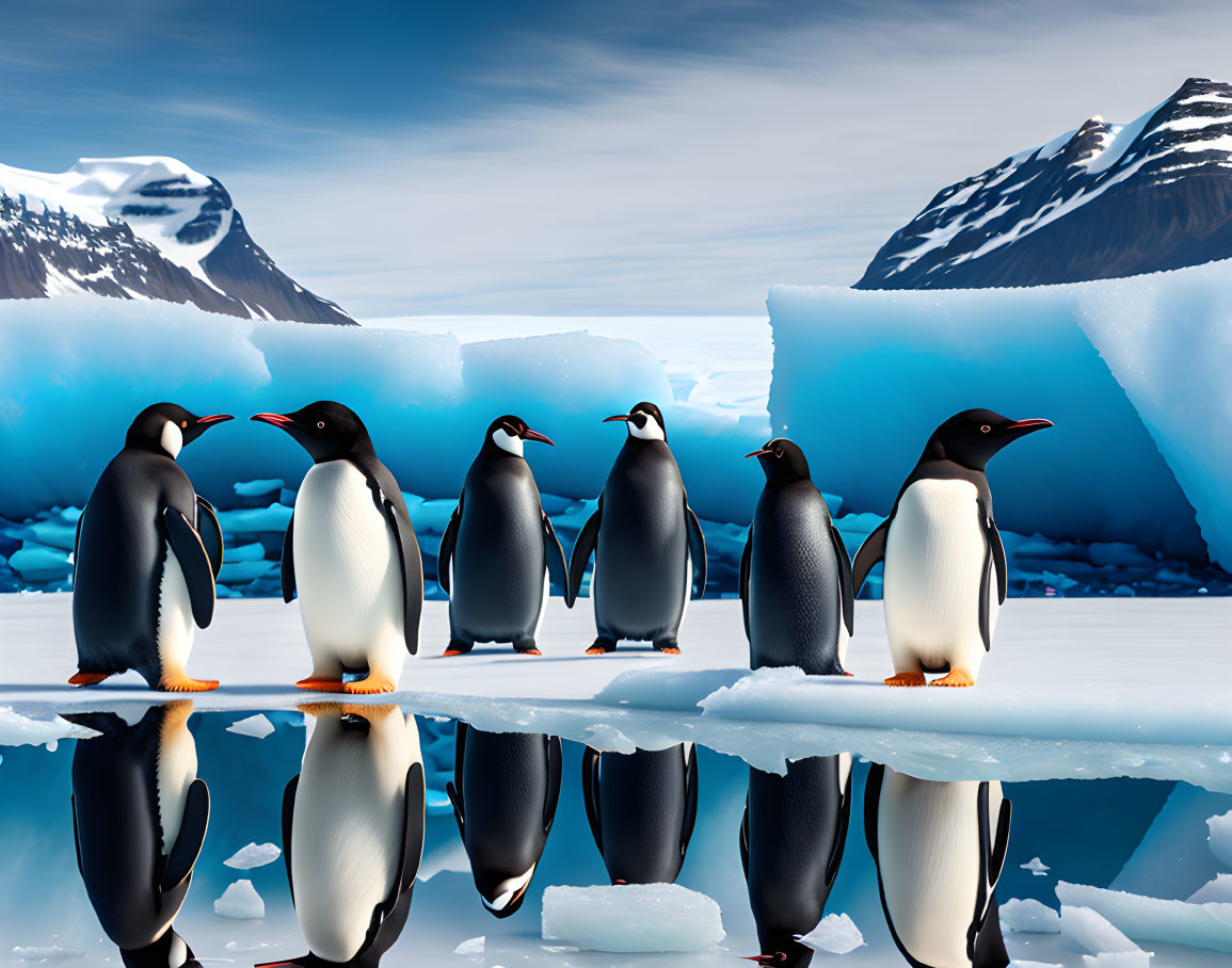 Five penguins on icy surface with blue icebergs and snowy mountains