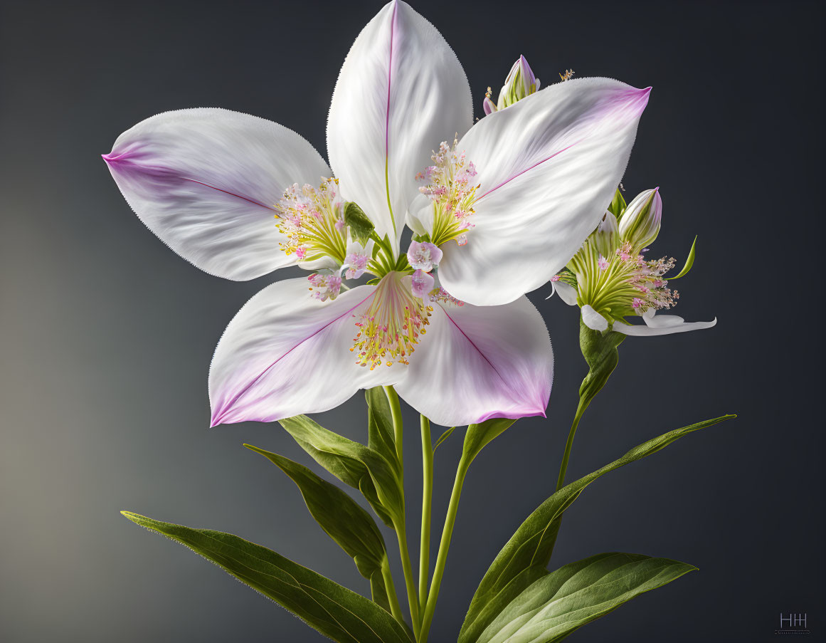 White and Pink Flowers with Prominent Stamens on Dark Background