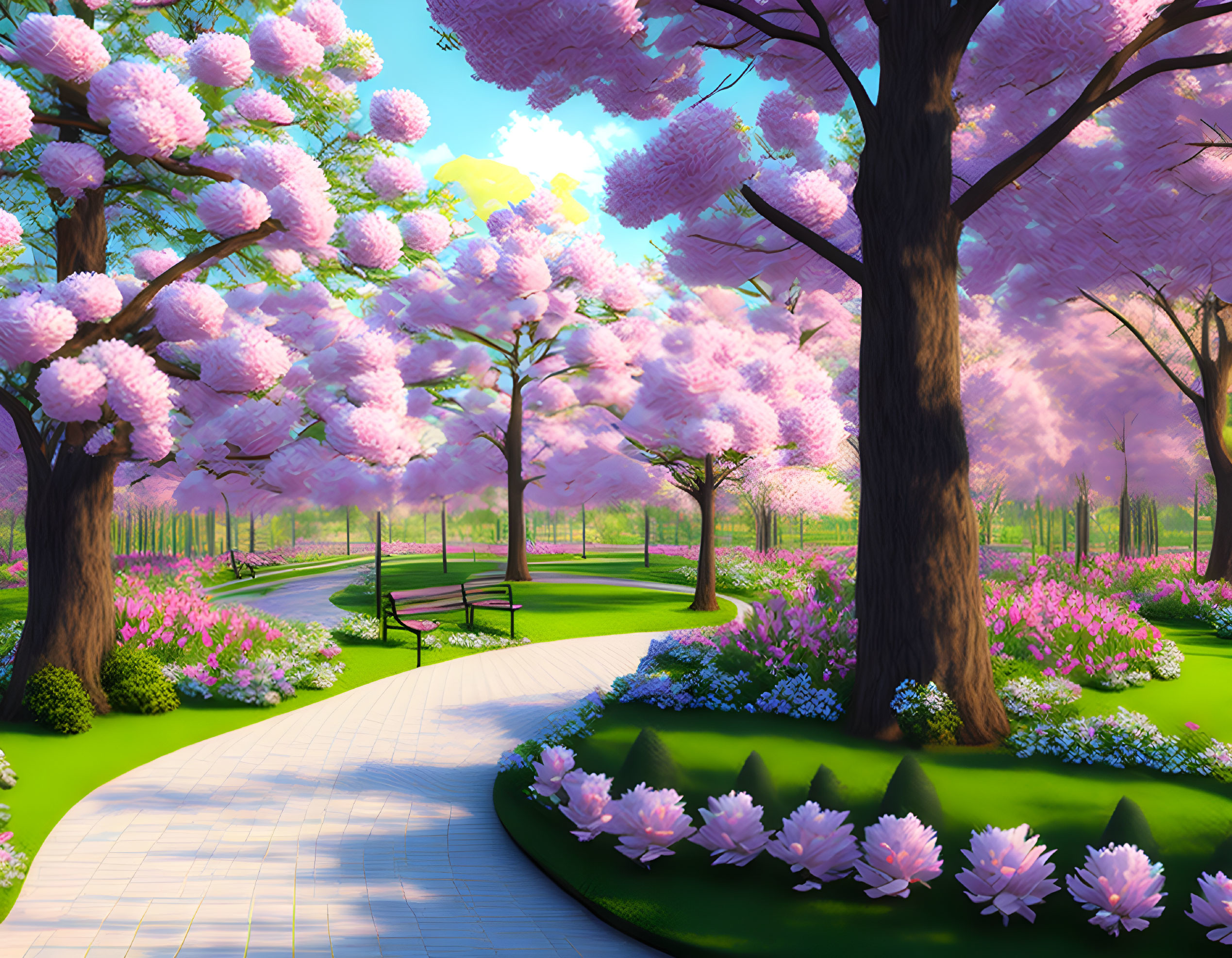 Tranquil Park with Pink Cherry Blossoms and Winding Path
