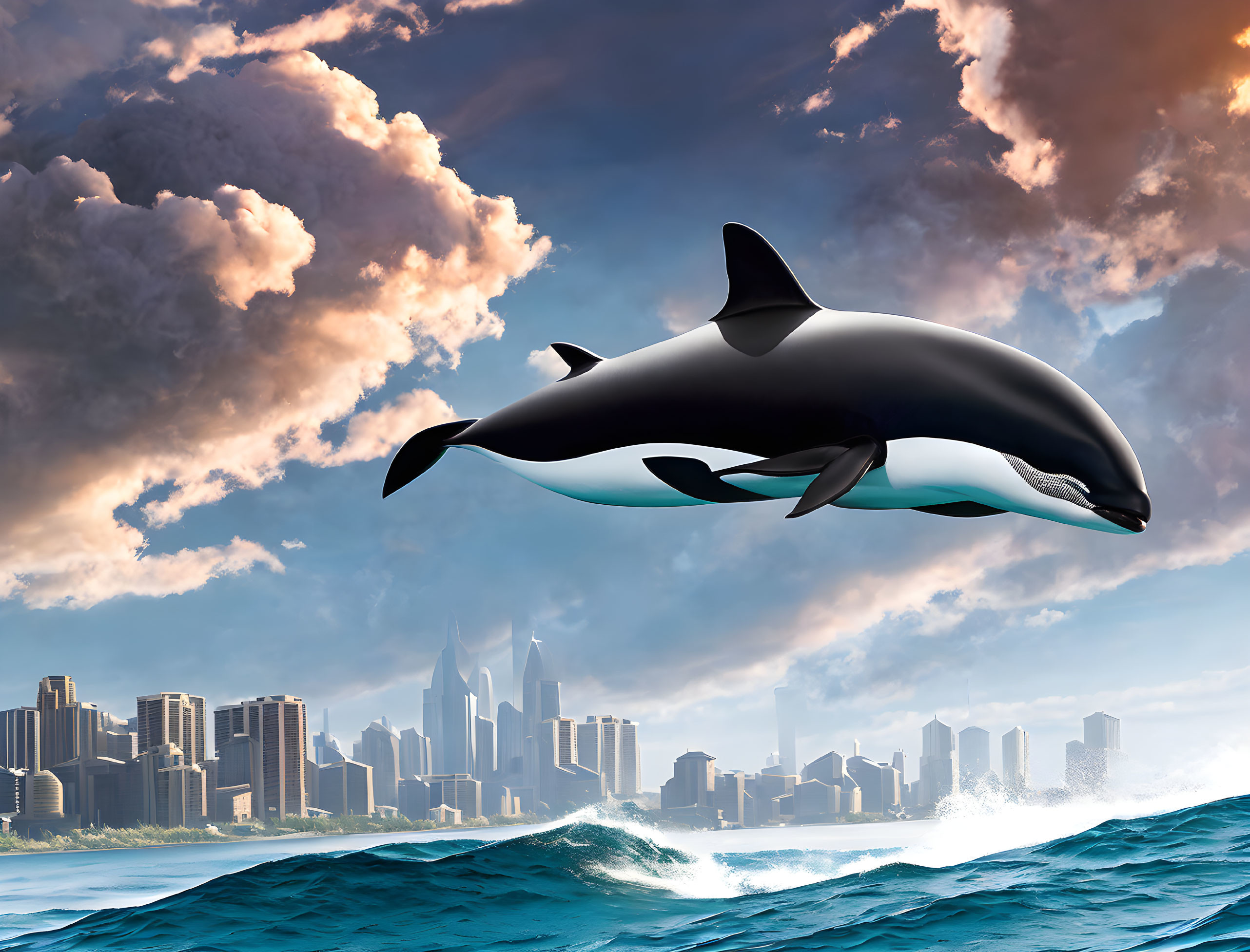 Orca whale leaping over city skyline and ocean waves