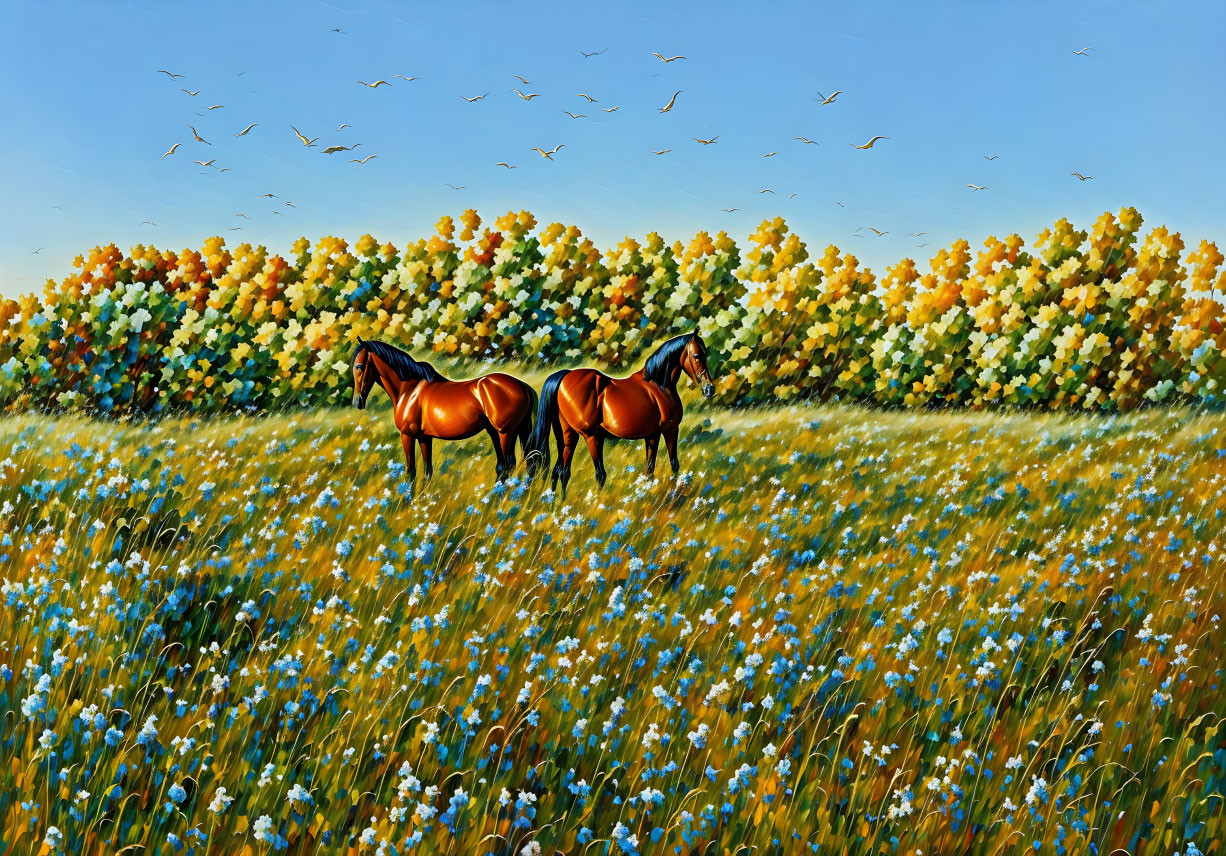 Vibrant field with two horses, blue flowers, colorful trees, and birds in clear sky