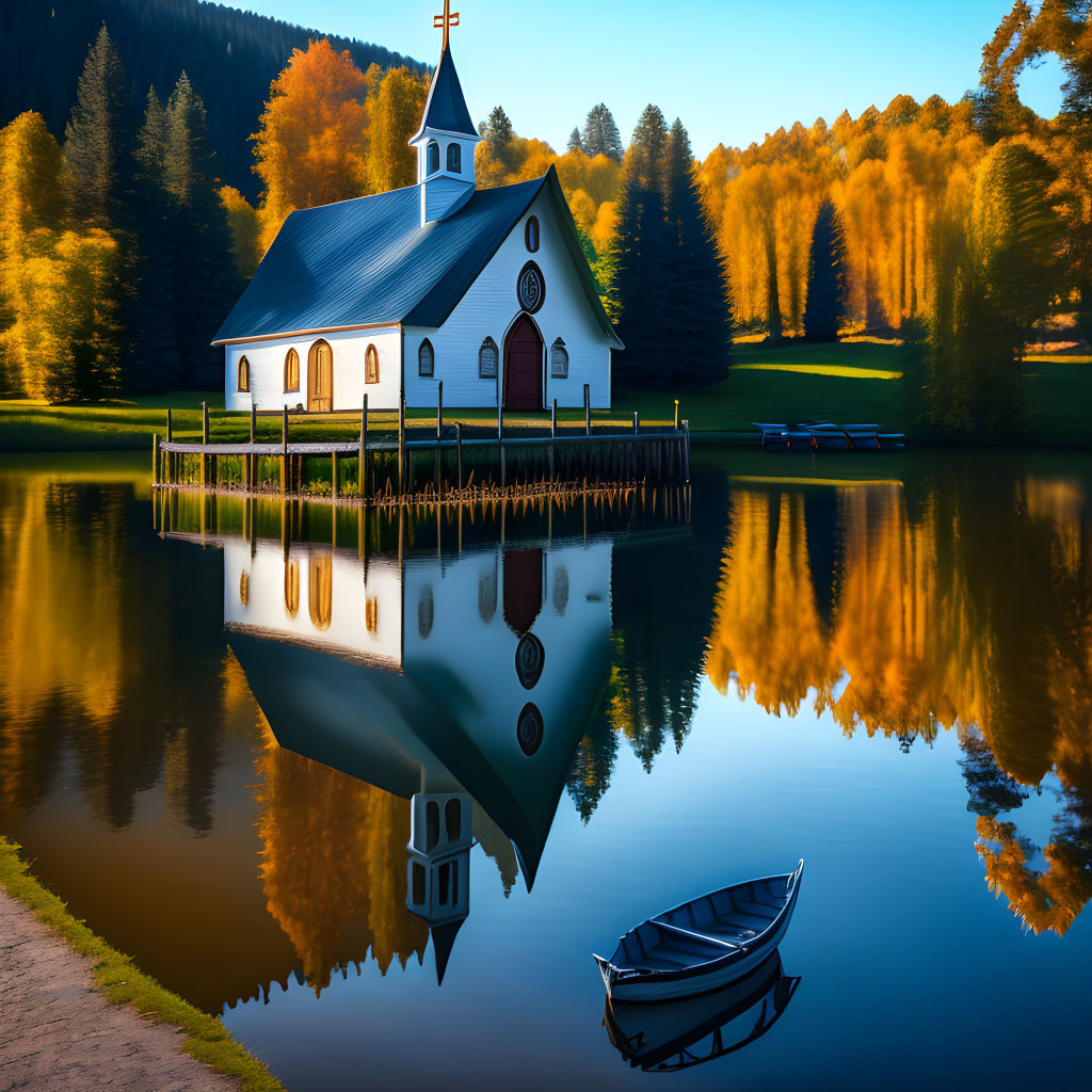 Tranquil church with steeple by serene lake and autumn trees