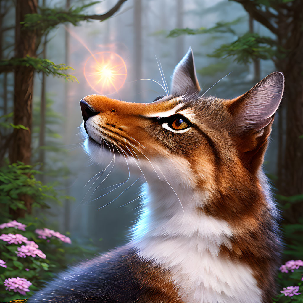 Detailed Hyper-Realistic Cat Illustration with Amber Eyes in Forest Setting