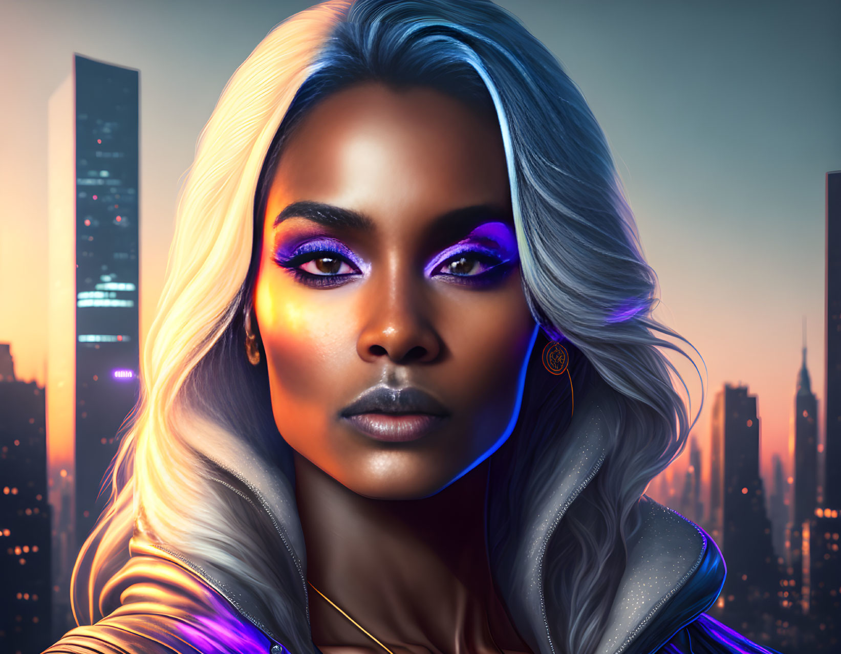 Digital artwork: Woman with purple makeup & white hair in futuristic cityscape at twilight