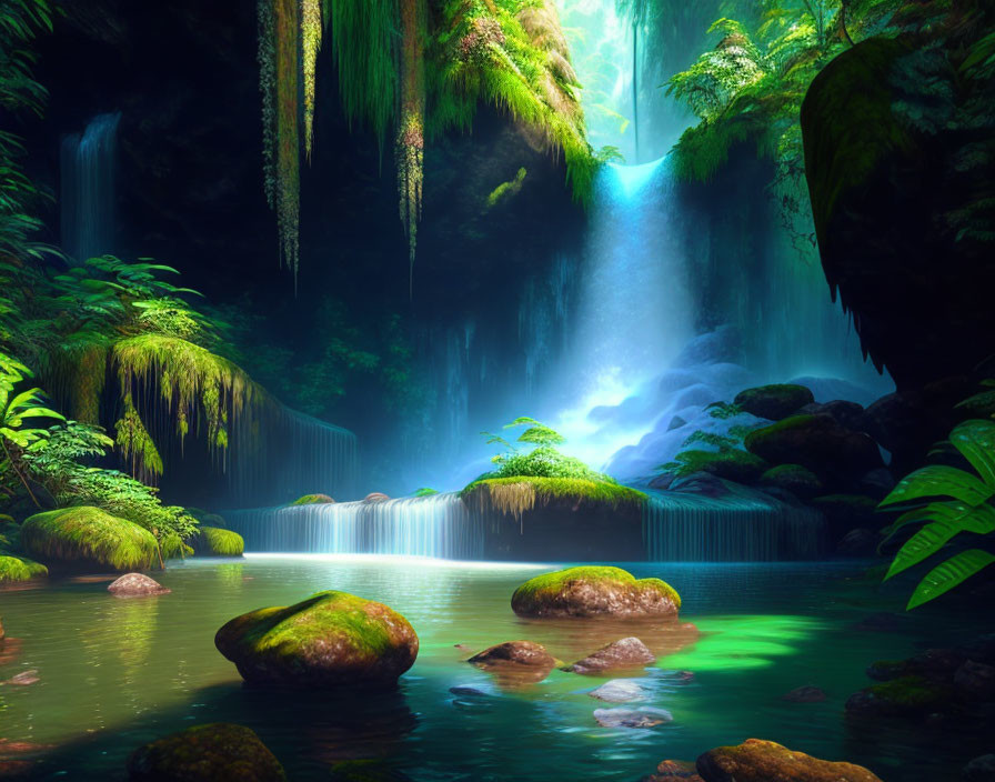 Tranquil forest waterfall with moss-covered rocks