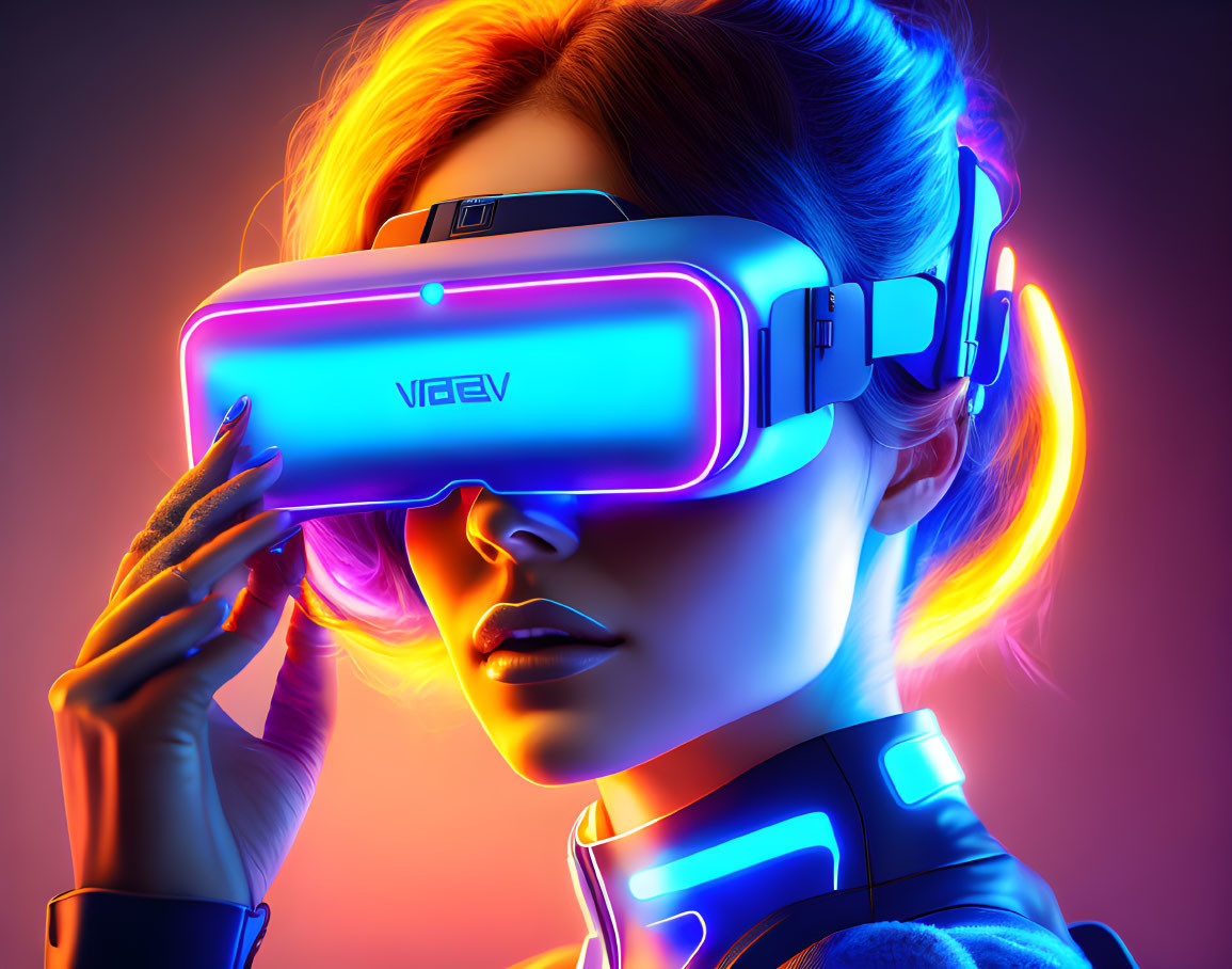 Futuristic woman with neon hair in VR headset under vibrant lighting