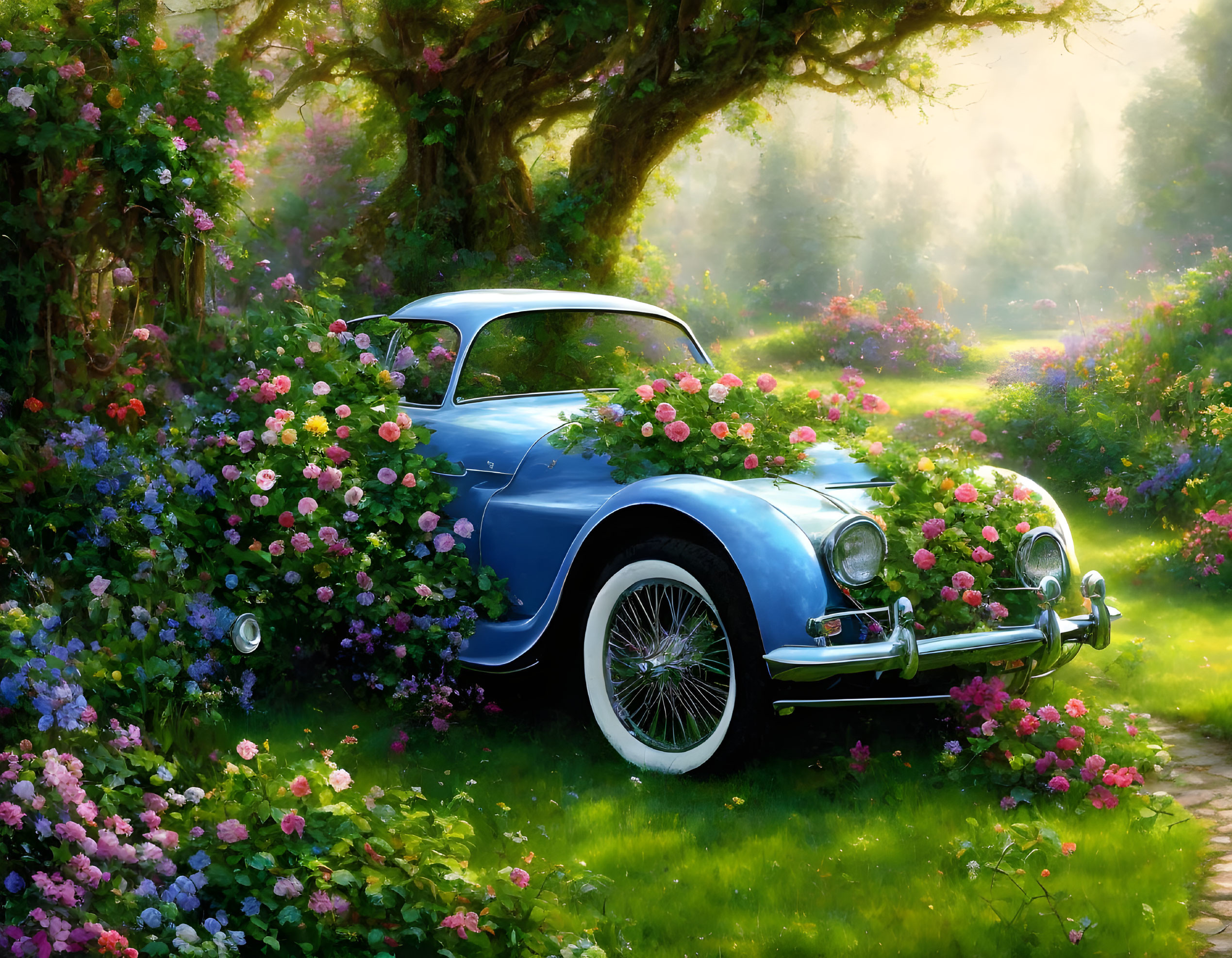 Vintage blue car surrounded by colorful flowers in dreamy forest setting