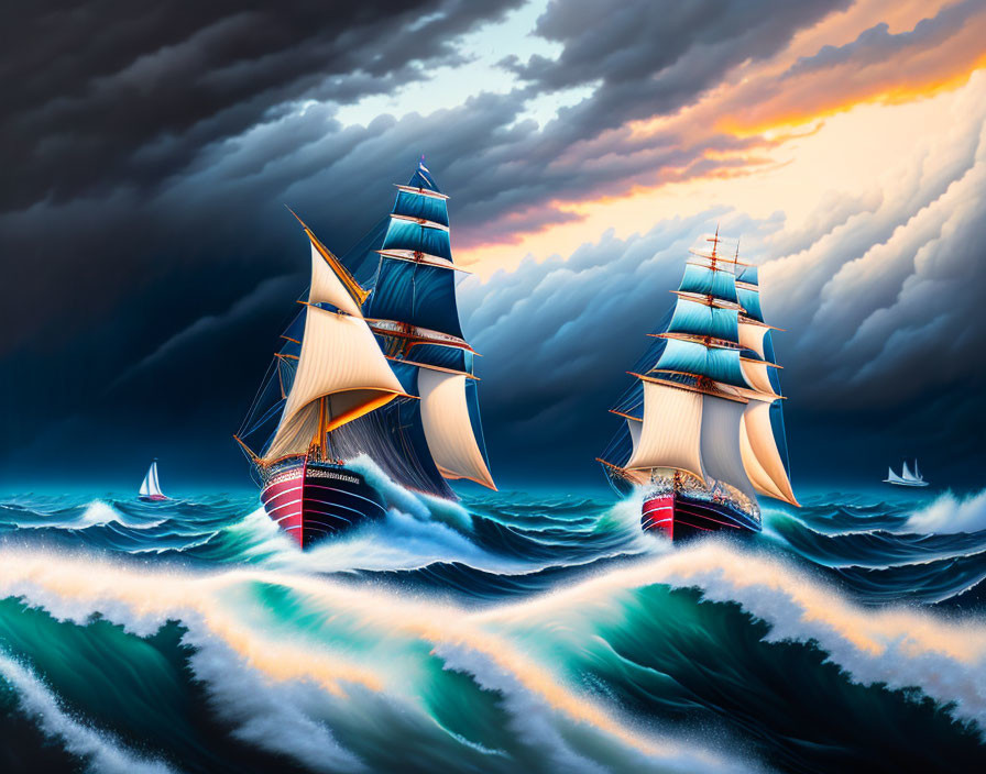 Vivid tall ships artwork with billowing sails on tumultuous ocean waves