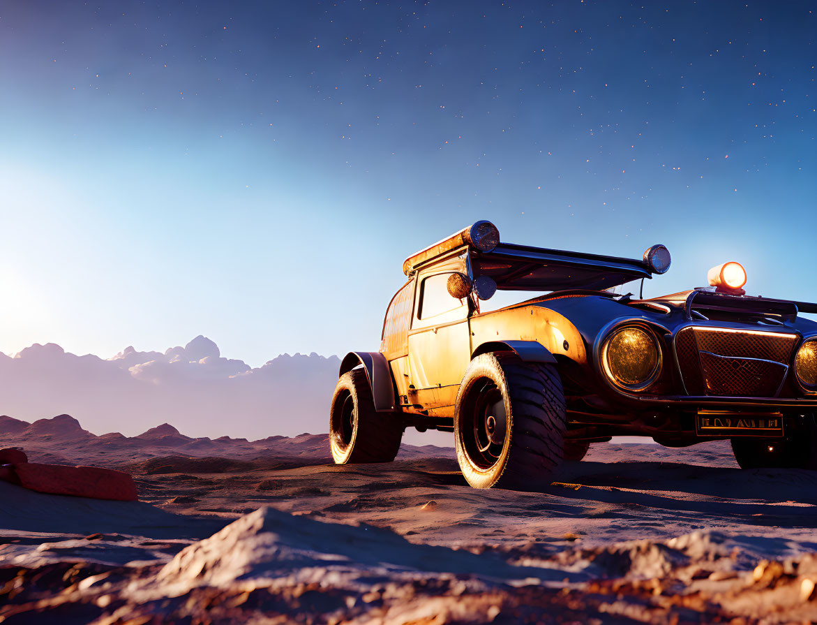 Vintage car parked in desert twilight with starry sky