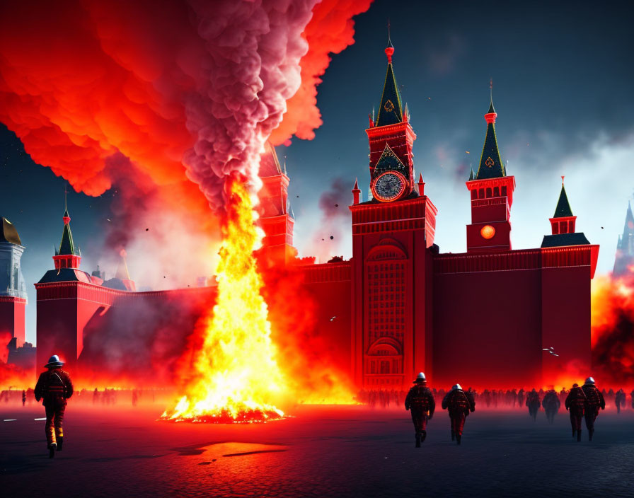 Massive fire plume near historic clock tower under cloudy sky