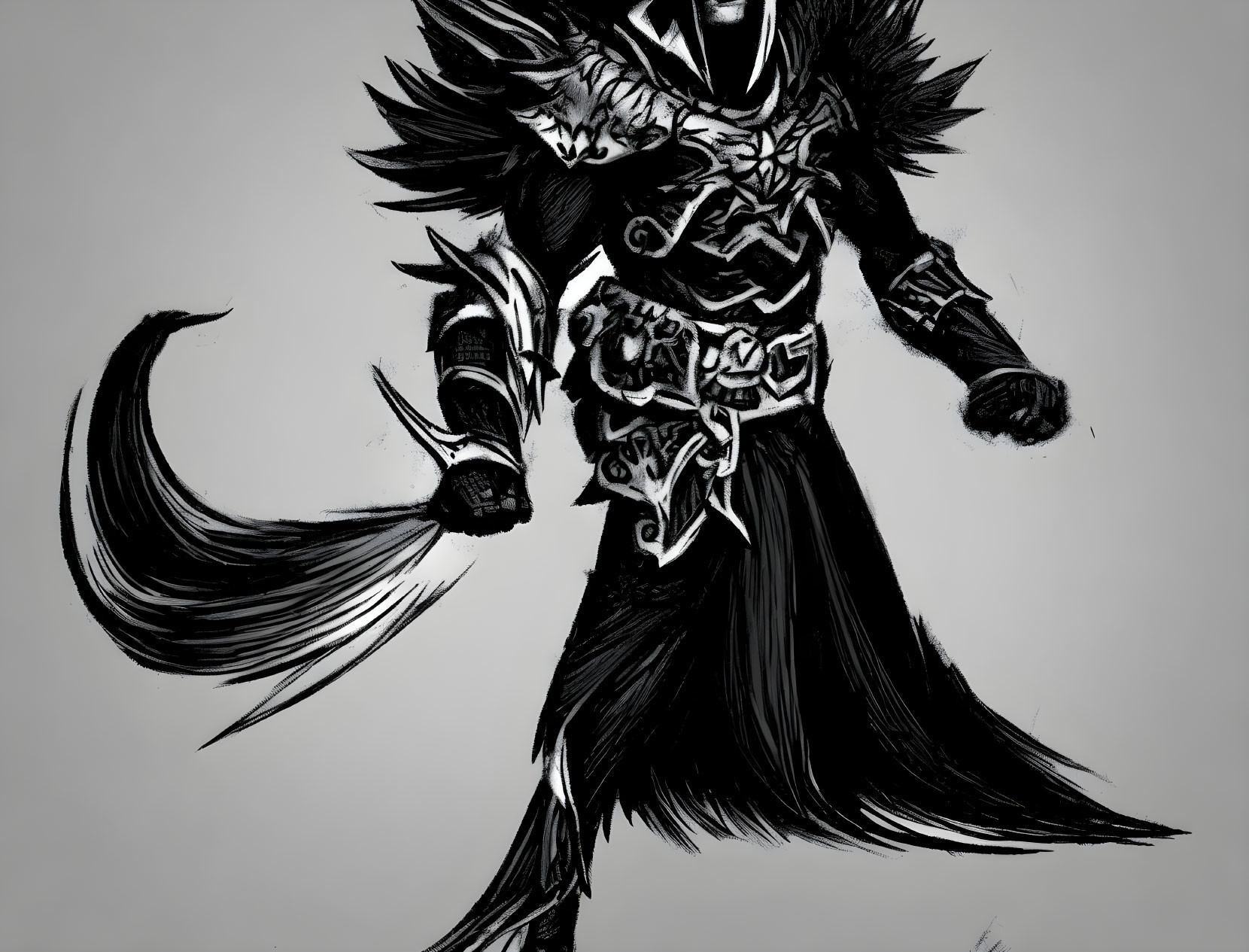 Monochrome sketch of fantasy warrior with ornate armor and clawed gauntlet