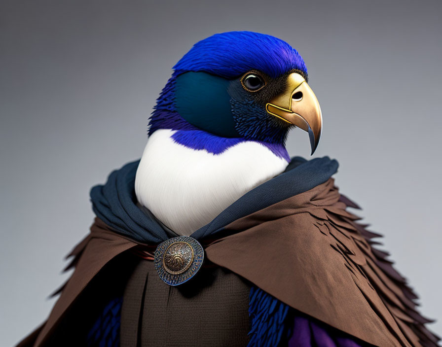 Colorful bird illustration with human clothing and cloak detail