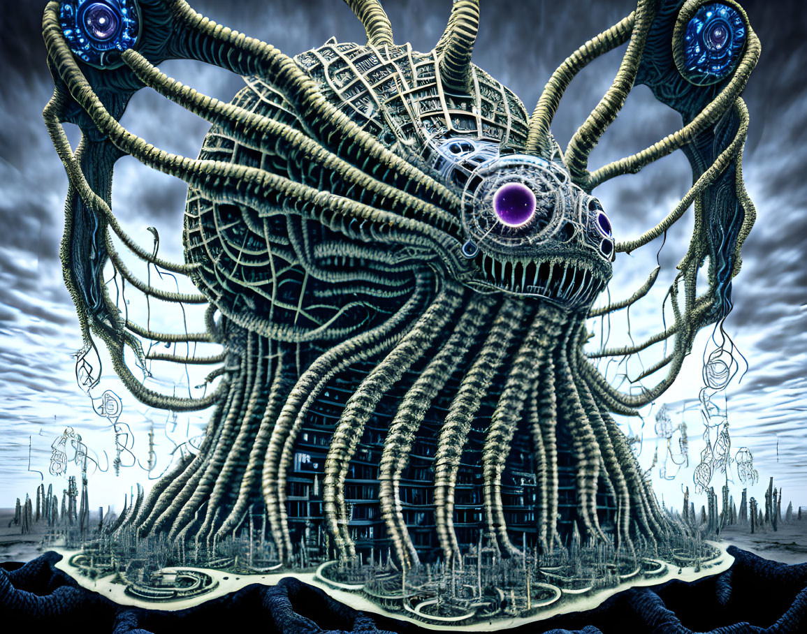 Surreal futuristic cephalopod-like structure with multiple eyes in desolate landscape