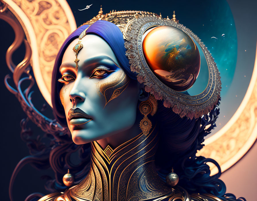 Futuristic digital art of blue-skinned woman with ornate headpiece.