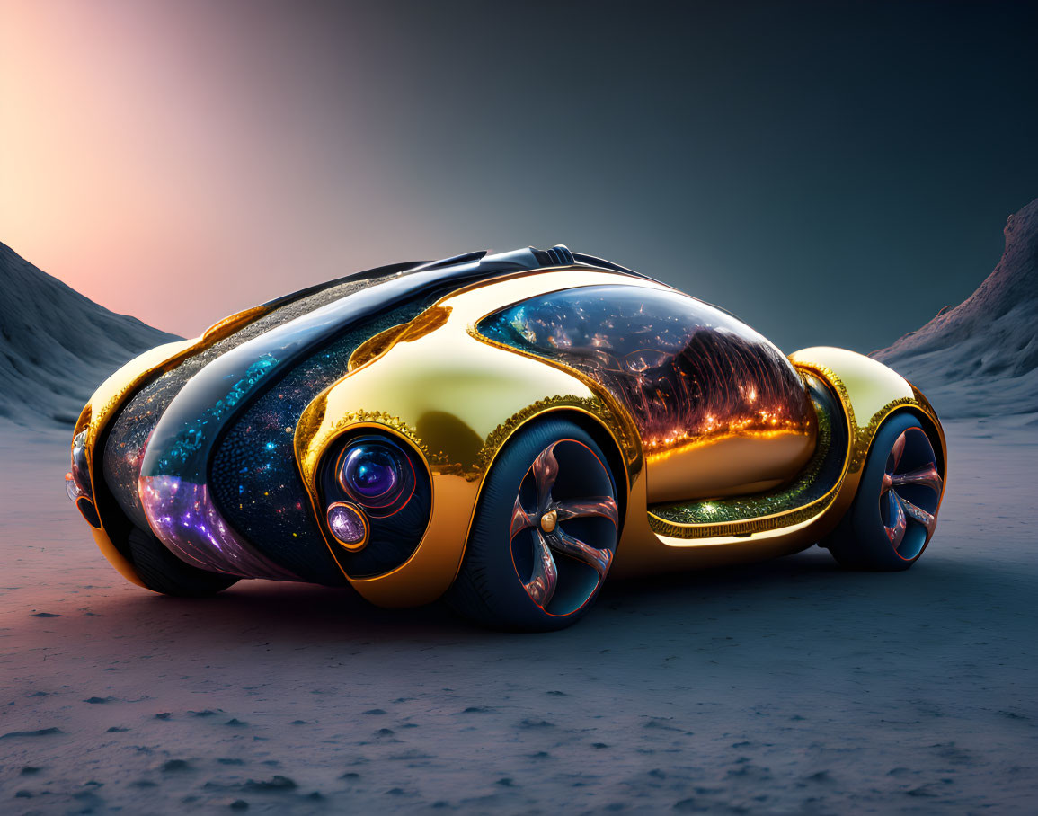 Sleek Gold and Blue Futuristic Car on Alien Landscape at Sunset