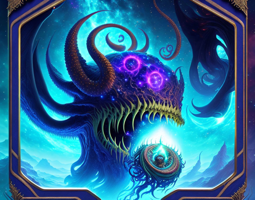 Fantastical creature with swirling tentacles and glowing purple eyes on starry backdrop