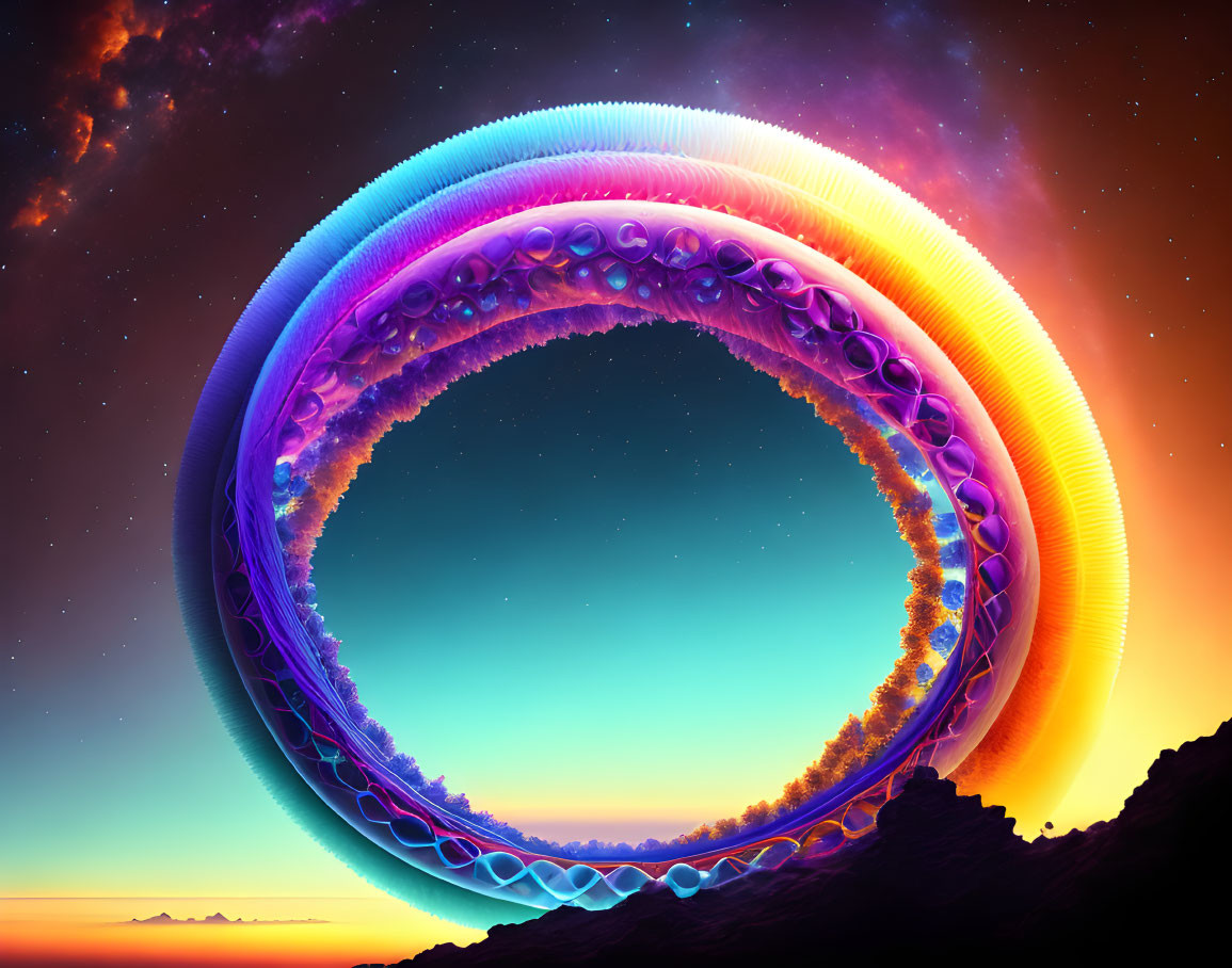 Intricate neon rings float in twilight sky above silhouetted landscape