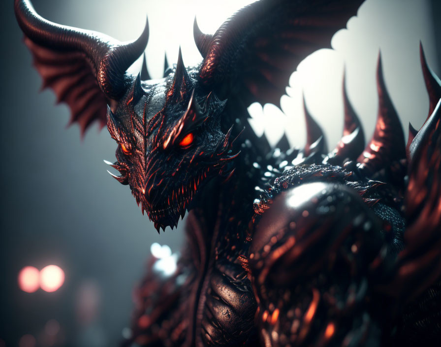 Menacing dragon with glowing red eyes and sharp horns in dark background