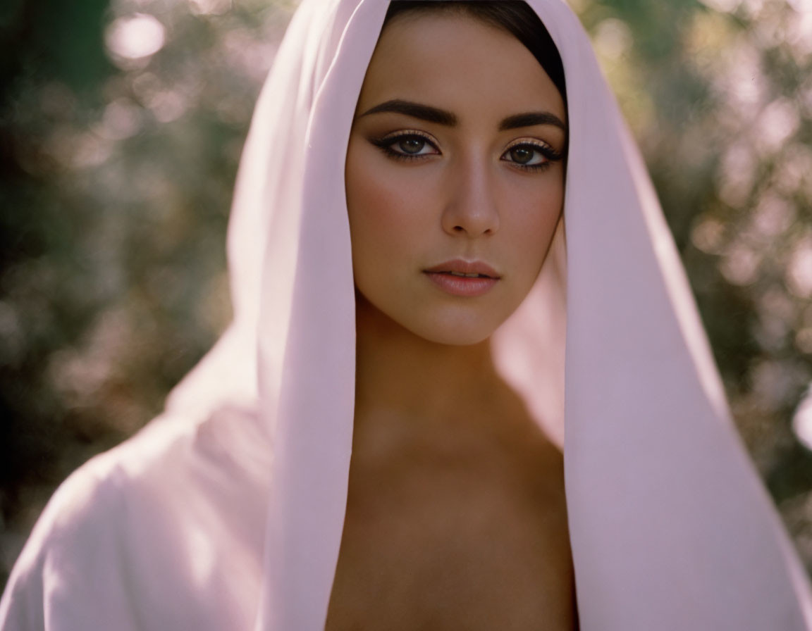 Dark-haired woman in white headscarf with striking eyes in soft-focus green background