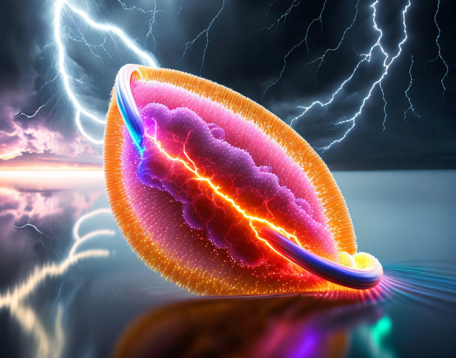 Digital illustration: Bioluminescent ctenophore creature in stormy sky