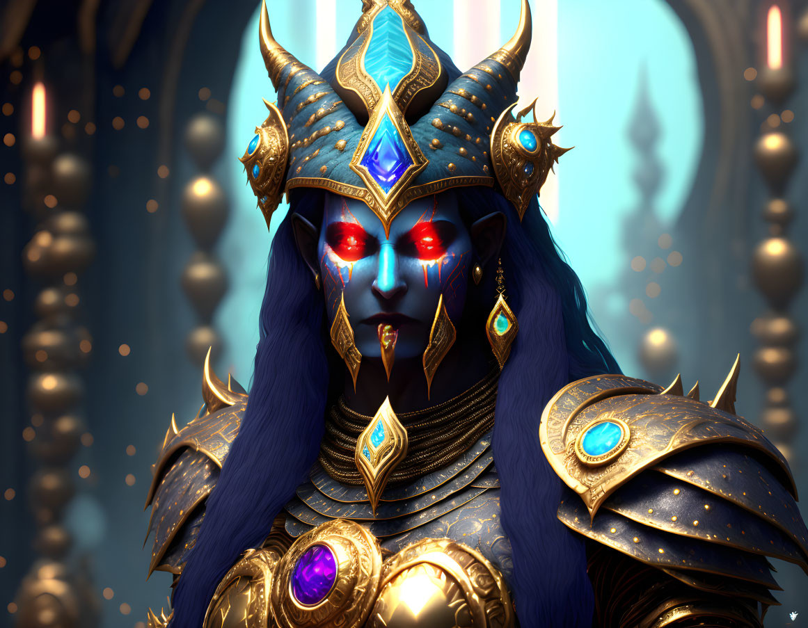 Blue-skinned armored character with red eyes and golden helmet in front of glowing pillars