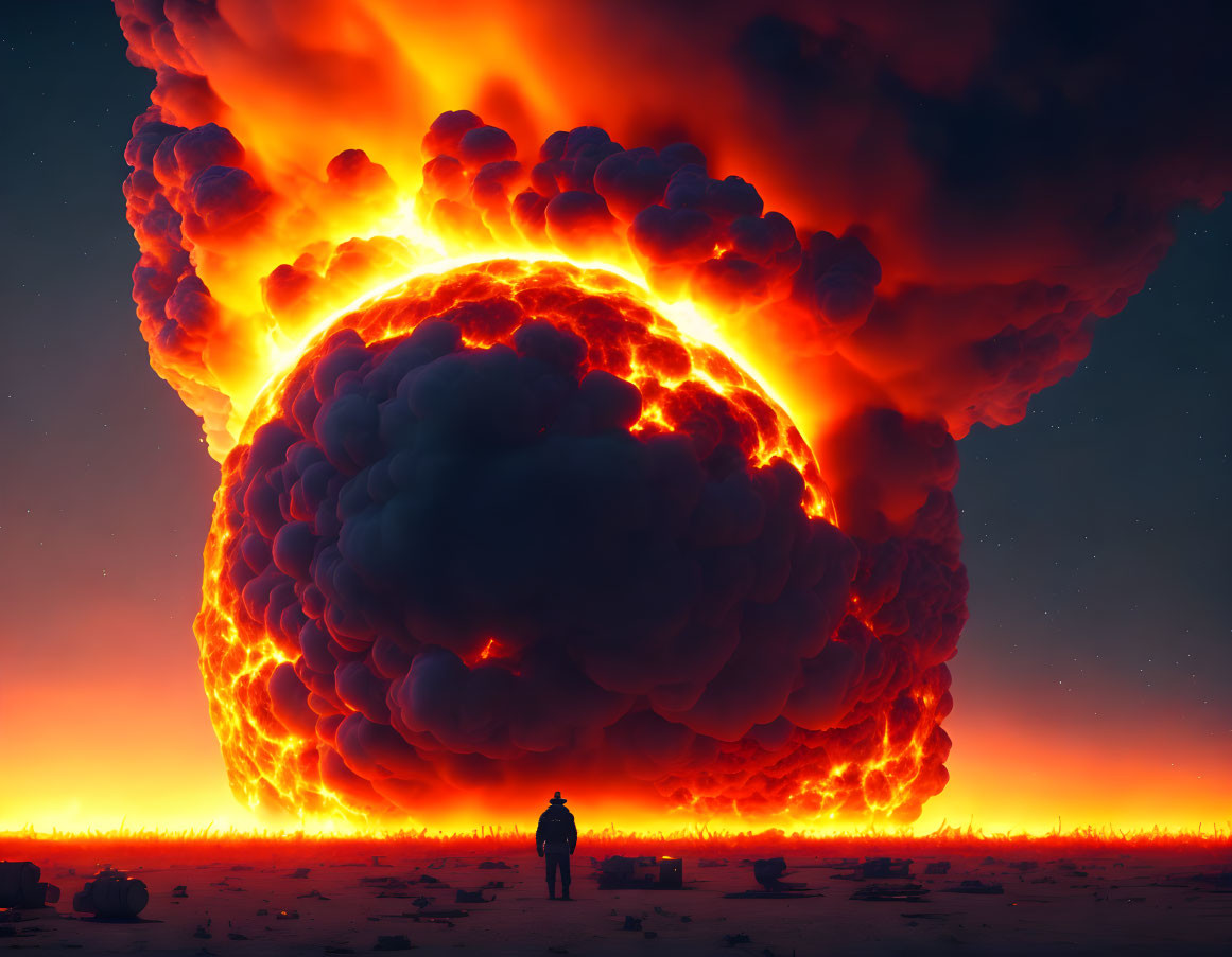 Solitary figure facing massive fiery explosion in desolate landscape