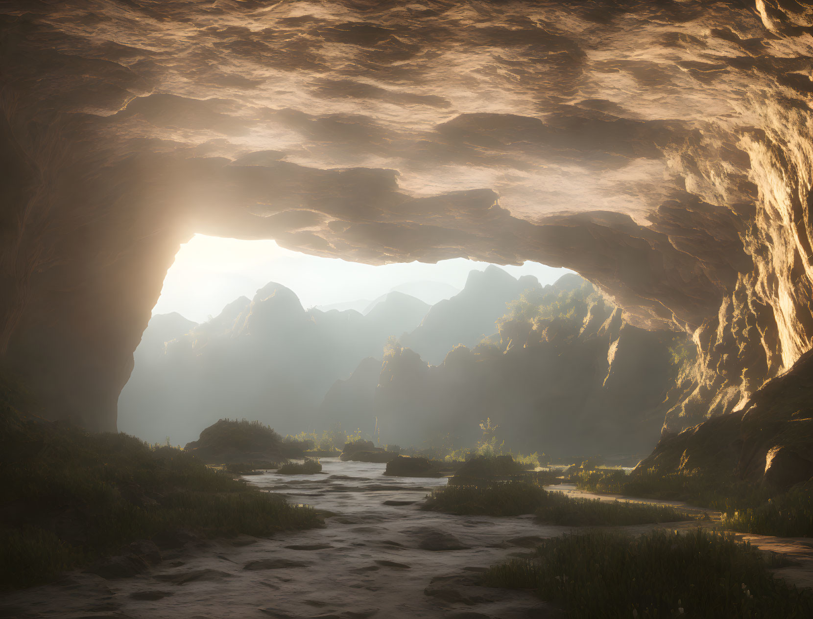 Scenic cave view of stream and sunlit mountains