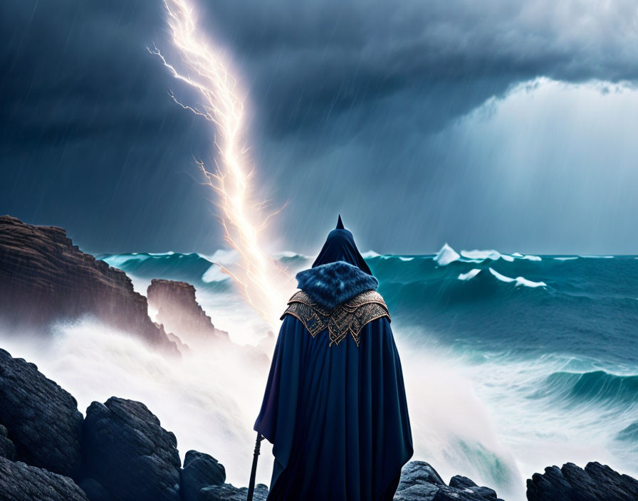 Cloaked figure on rocky shores under stormy sky with lightning strike